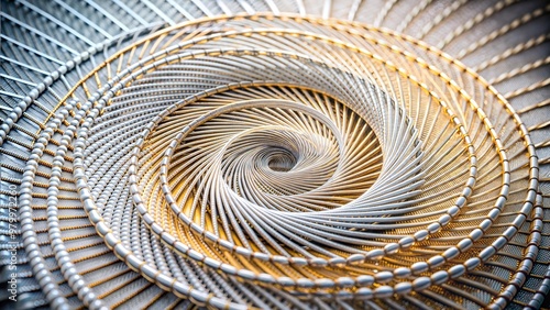 Spiral string art with metallic and pastel threads forming an intricate geometric pattern in a circular design