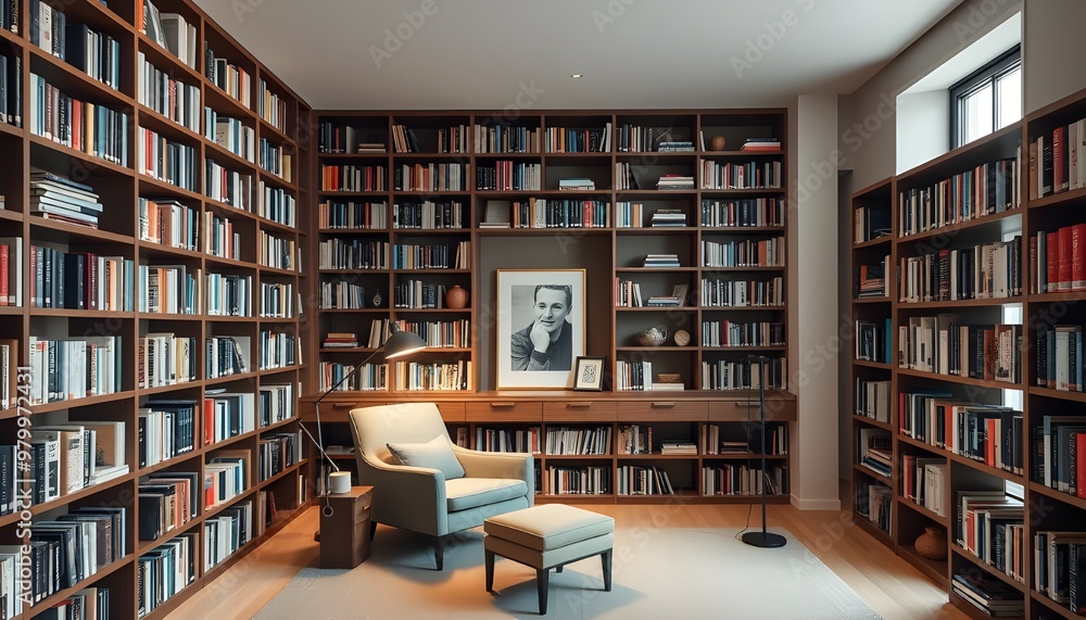 A contemporary home library with floor-to-ceiling bookshelves, a cozy reading nook with a comfortable armchair, and a sleek floor lamp. A contemporary home library with floor-to-ceiling bookshelves, a cozy reading nook with a comfortable armchair, and a sleek floor lamp.