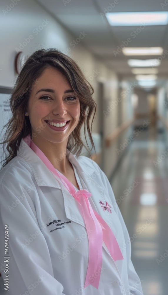 Smiling Nurse with Pink Ribbon in Hospital Corridor for Breast Cancer Awareness and Support Smiling Nurse with Pink Ribbon in Hospital Corridor for Breast Cancer Awareness and Support