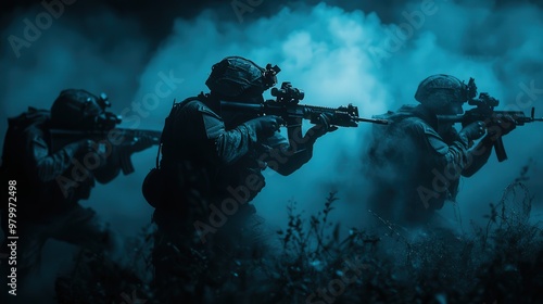 A group of soldiers stealthily advances through foggy terrain during a night-time raid, focused on their mission with weapons drawn and senses heightened