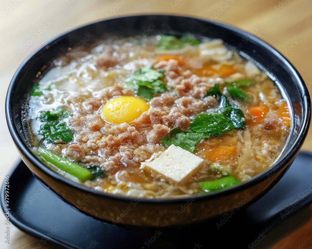 Clear noodle soup with pork veggies and egg tofu Clear noodle soup with pork veggies and egg tofu