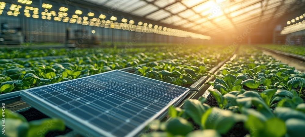 Fototapeta premium A large-scale hydroponic farm, with solar panels powering LED lights and pumps