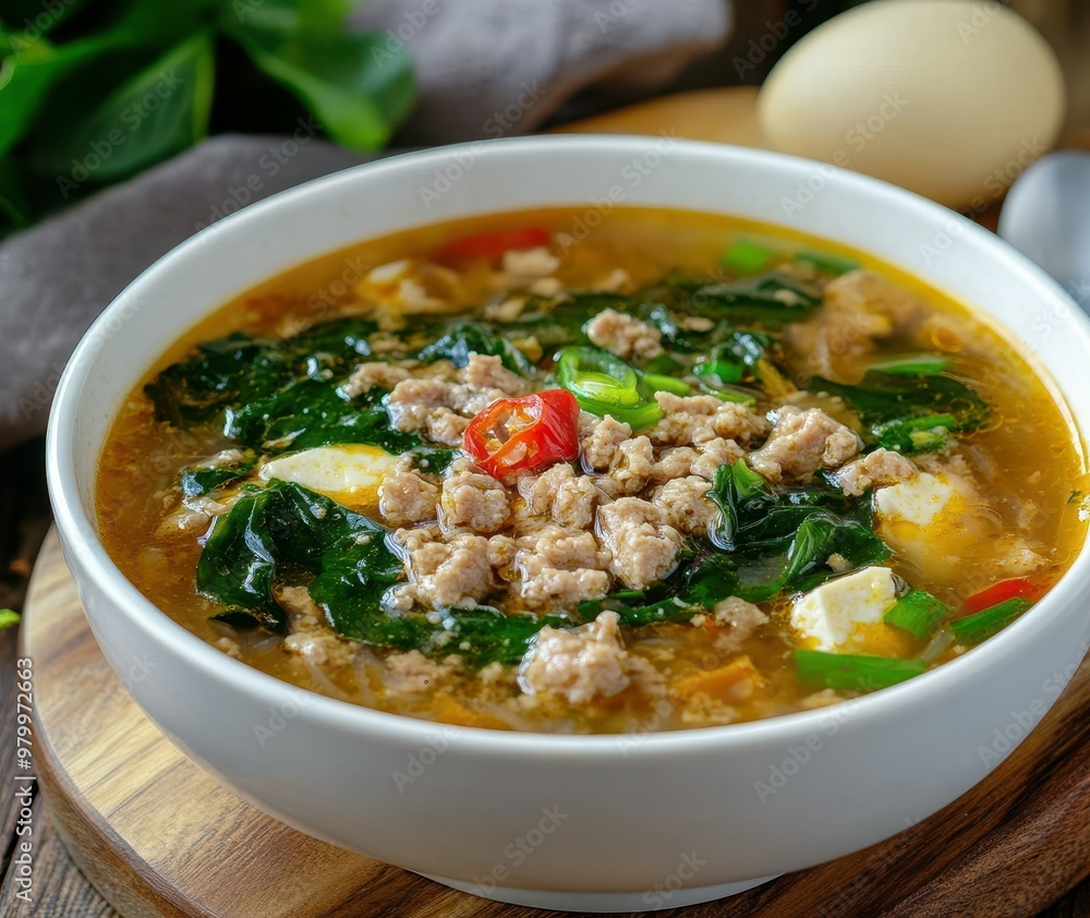Clear seaweed soup with glass noodle pork vegetables and tofu in white bowl Clear seaweed soup with glass noodle pork vegetables and tofu in white bowl