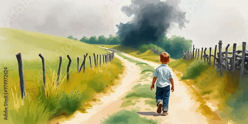 A young child walking alone behind. Watercolor illustration. Digital oil painting vector landscape. Alone boy artwork
