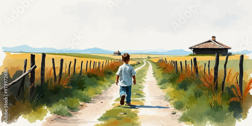 A young child walking alone behind. Watercolor illustration. Digital oil painting vector landscape. Alone boy artwork