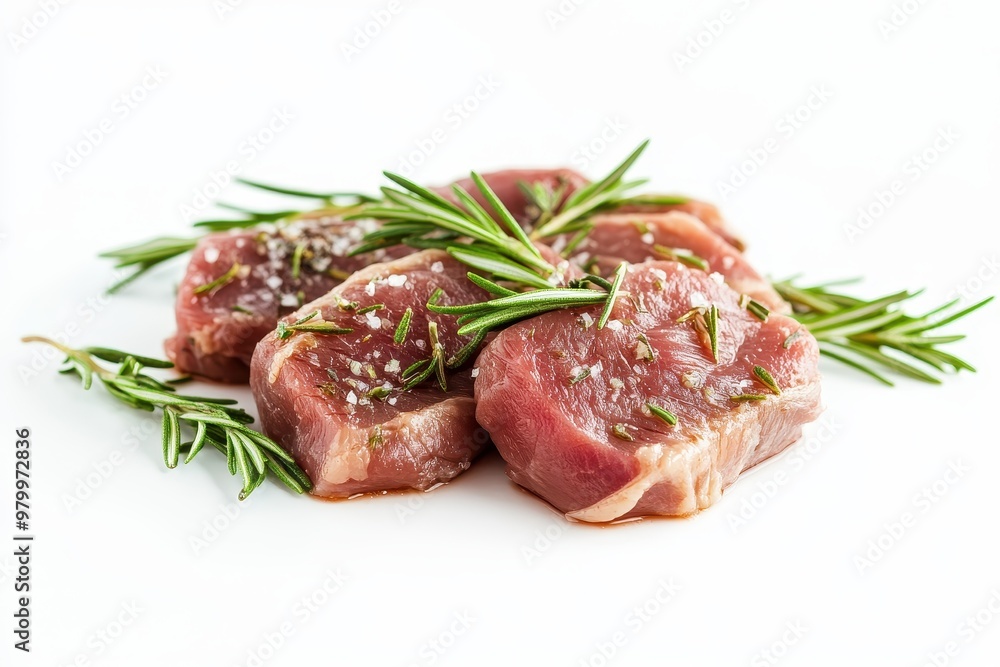 Close up isolated photo of raw pork tongue with rosemary on white background Close up isolated photo of raw pork tongue with rosemary on white background