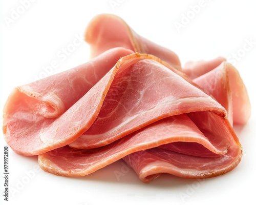 Close up image of boiled ham slices isolated on white background in high resolution