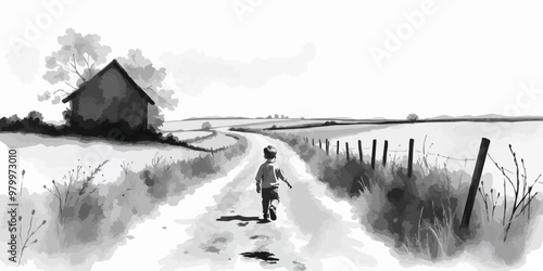 A young child walking alone behind. Watercolor illustration. Digital oil painting vector landscape. Alone boy artwork