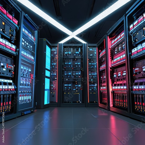 room with servers,modern server room with large servers, wires and buttons. Data storage, cloud storage, mining farm.,server rack in a center photo