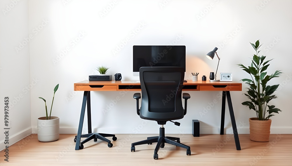 A minimalist home office setup with a sleek desk, ergonomic chair, and a large monitor. A minimalist home office setup with a sleek desk, ergonomic chair, and a large monitor.