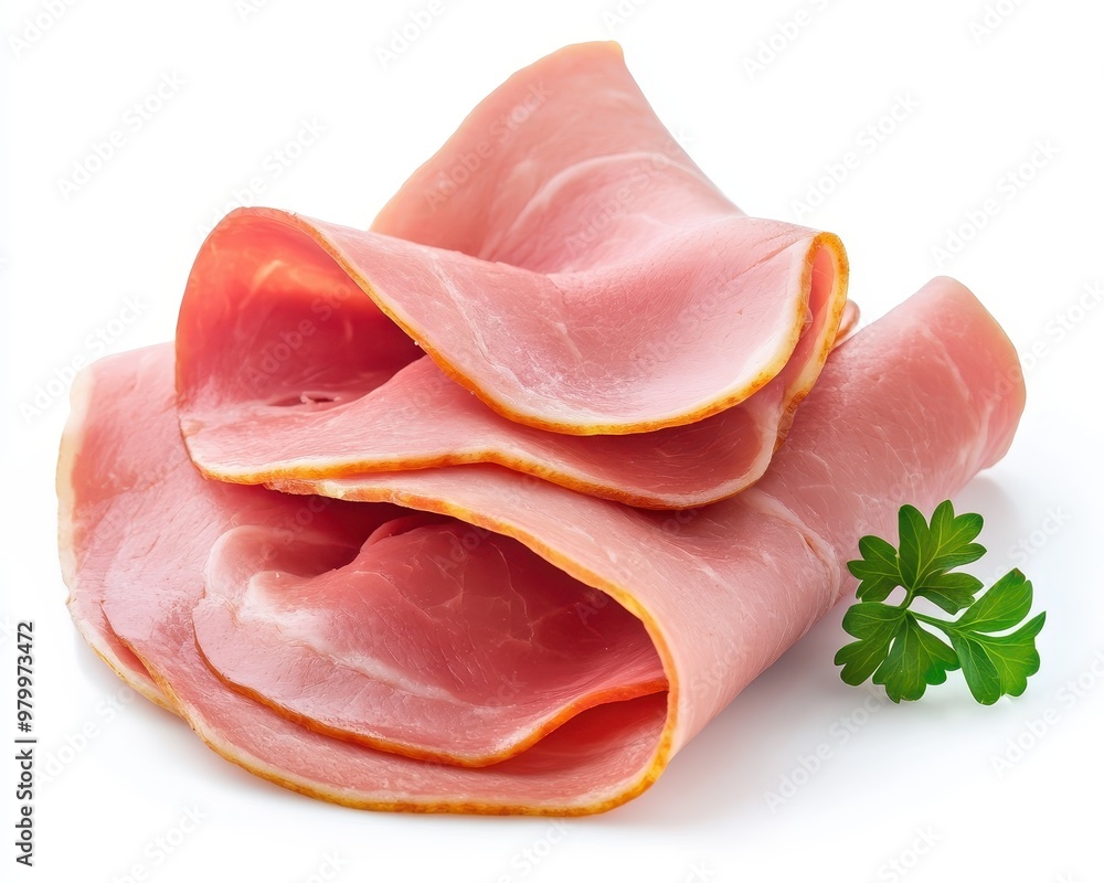 Close up photo of isolated boiled ham slices on white background Close up photo of isolated boiled ham slices on white background