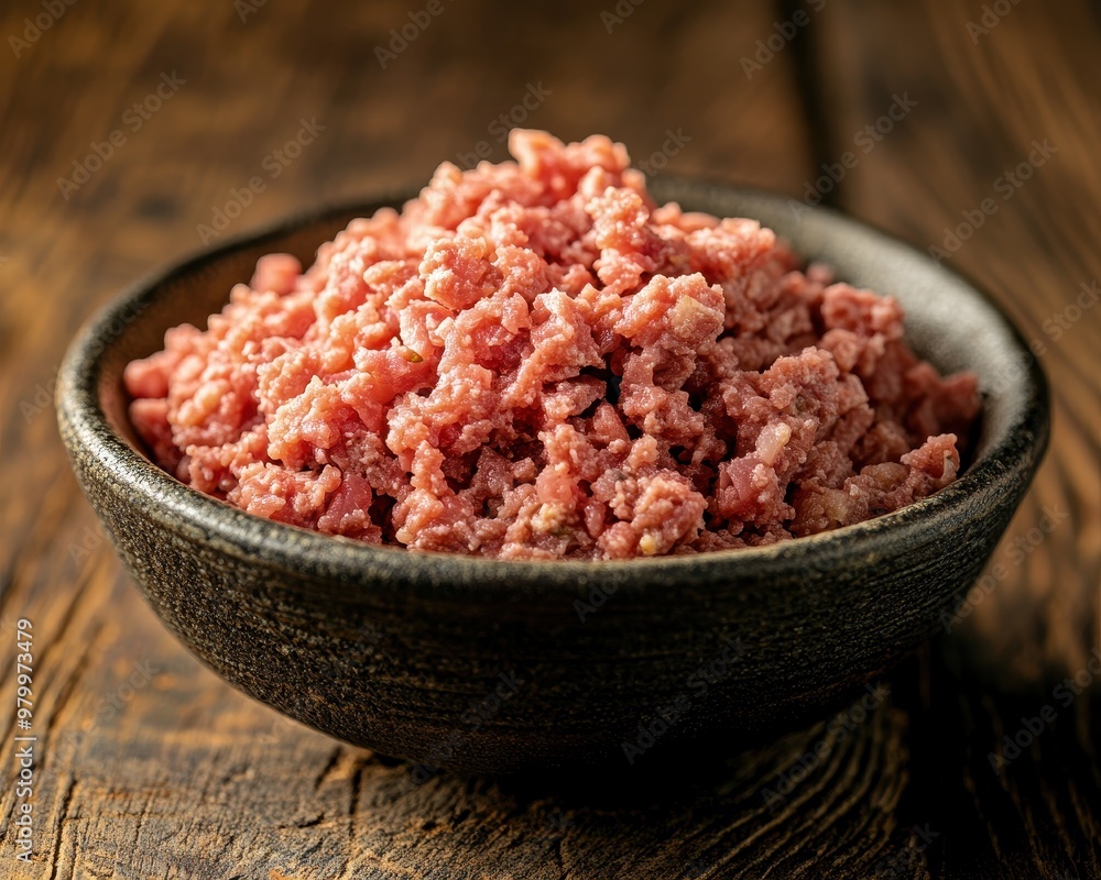 Close up shot of minced meat on old table Close up shot of minced meat on old table