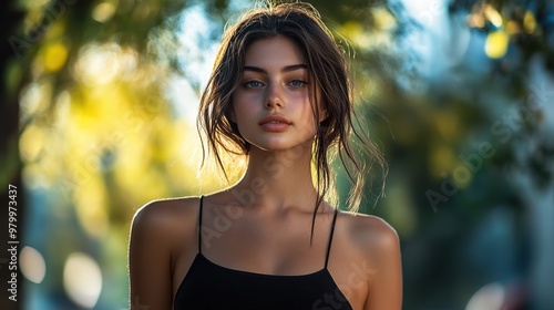 Black crop top and casual style worn by a confident young woman