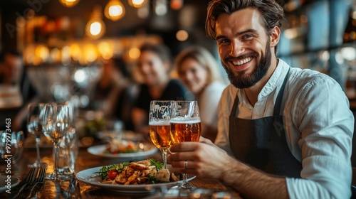 Wallpaper Mural Group of happy friends drinking beer while waitress is serving them food in pub Torontodigital.ca
