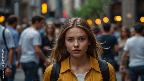 Young woman walking through bustling urban city street crowd