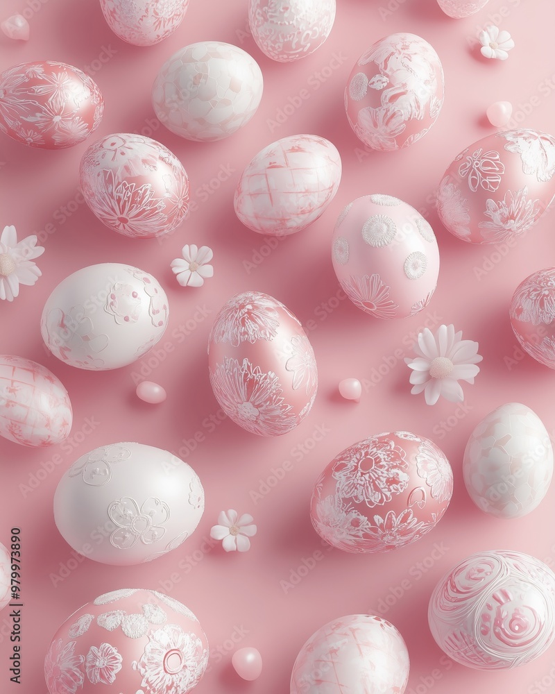 Whimsical pink and white Easter eggs adorn a soft pink background, creating a festive spring atmosphere. Whimsical pink and white Easter eggs adorn a soft pink background, creating a festive spring atmosphere.