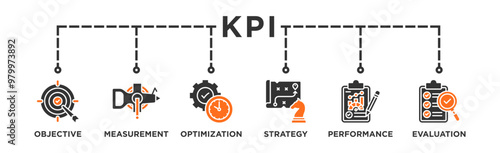 KPI banner web icon vector illustration concept for key performance indicator in the business metrics with an icon of objective, measurement, optimization, strategy, performance, and evaluation