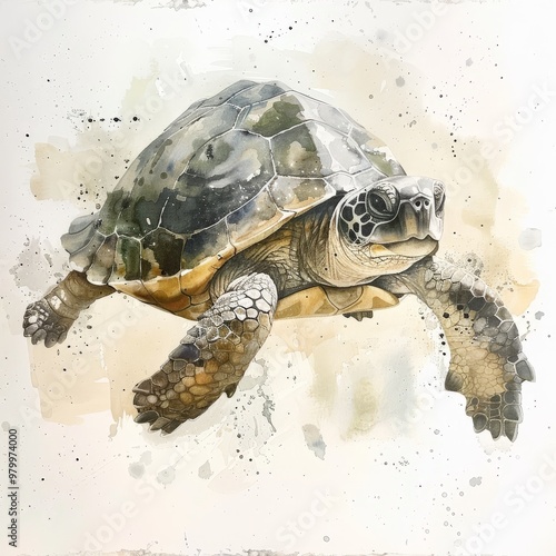 A sea turtle glides through the ocean depths in this aquarelle artwork, showcasing its intricate shell patterns and serene presence amidst splashes of aquatic hues photo