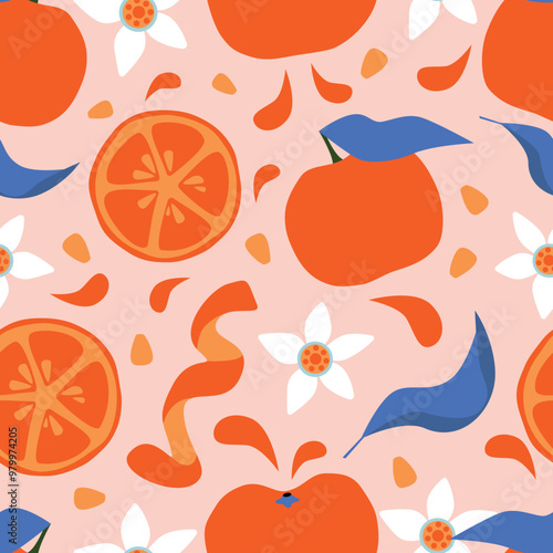 Tangerine with blue leaves seamless pattern. Orange fruit with flowers, seeds and peel on pink background. Colourful botanical wallpaper.