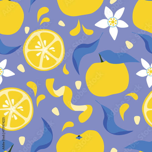 Yuzu fruits with blue leaves. Citrus seamless pattern. Fruits with flowers, seeds and peel on violet background. Colourful botanical wallpaper.