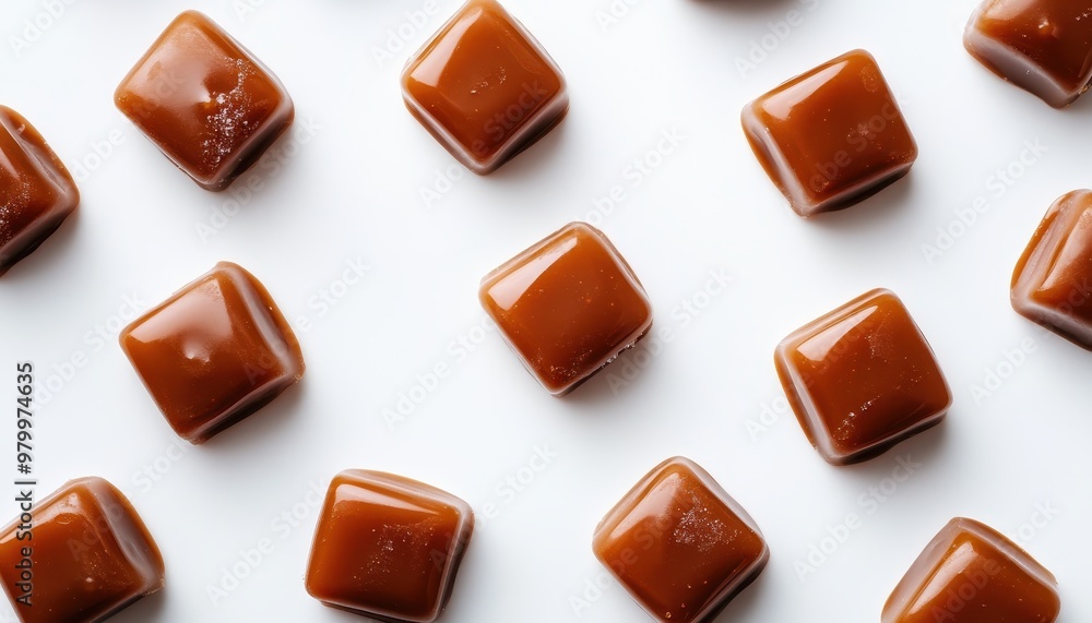 Fototapeta premium Delicious caramel candies against white backdrop