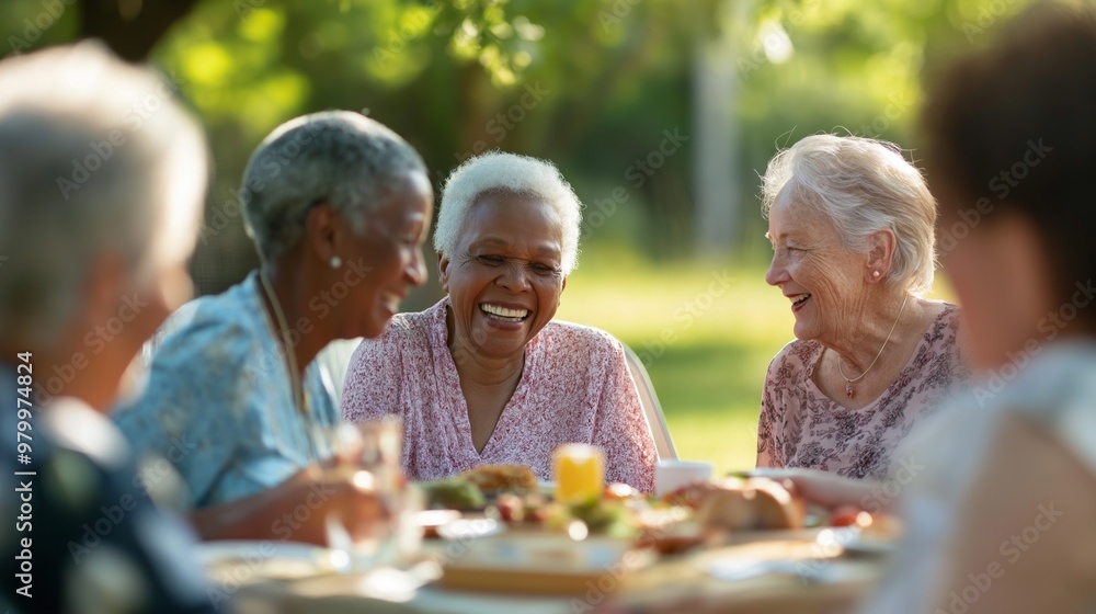 Elderly friends from diverse backgrounds enjoying a joyful picnic in a sunny park Elderly friends from diverse backgrounds enjoying a joyful picnic in a sunny park