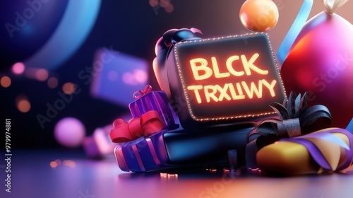 A vibrant 3D Black Friday graphic with glowing text and spinning discount icons, ideal for attention-grabbing ads. photo