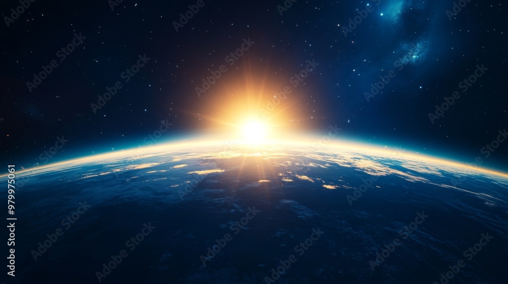 The cosmos as seen from orbit with a glorious sunrise over the Earth. The cosmos as seen from orbit with a glorious sunrise over the Earth.