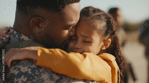 Heartwarming military homecoming embrace between father and daughter at an airport