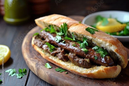 Egyptian liver sandwich with tahini traditional to Alexandria photo