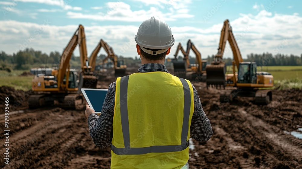 Fototapeta premium Engineer on Construction Site Using Tablet to Manage Excavation Equipment and Track Project Progress