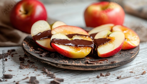 Fall apple slices with chocolate and caramel on white wood photo