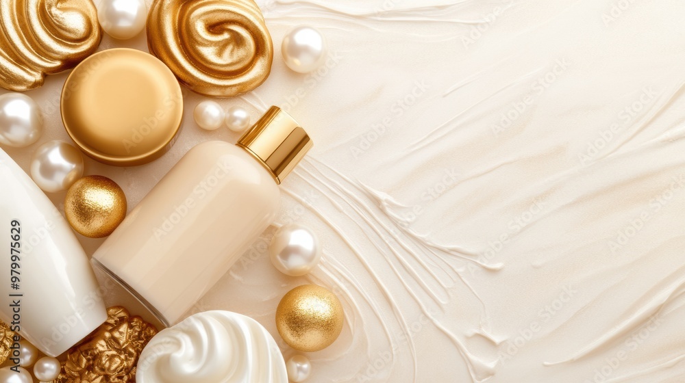 A close up of a gold and white background with cosmetic products, AI A close up of a gold and white background with cosmetic products, AI