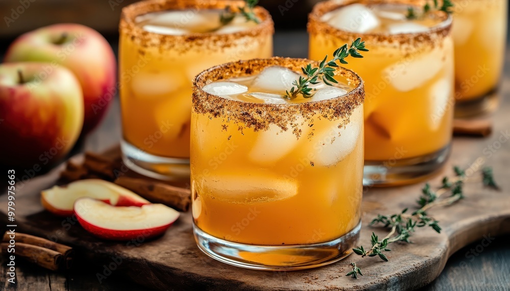 Fall themed apple cider margarita with cinnamon thyme and brown sugar rim in rustic setting Fall themed apple cider margarita with cinnamon thyme and brown sugar rim in rustic setting