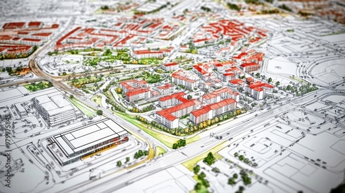 A technical illustration of city zoning and planning, including key city zones.