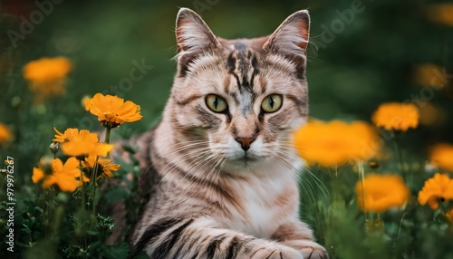 A Cat in a field of flowers