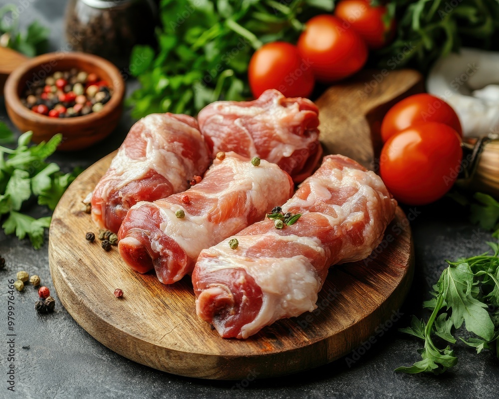 Fresh pig trotters with vegetables and spices on wooden board Fresh pig trotters with vegetables and spices on wooden board