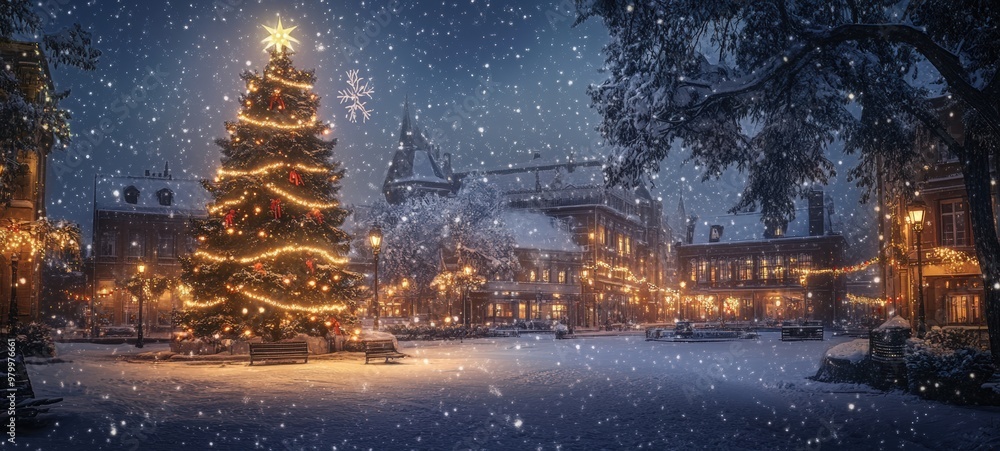 A snow-covered town square, with a grand Christmas tree adorned with lights and ribbons A snow-covered town square, with a grand Christmas tree adorned with lights and ribbons