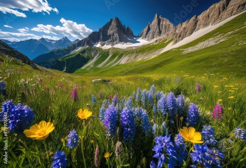 breathtaking mountain scenery showcasing vibrant wildflowers amidst majestic peaks clear blue skies, adventure, botanical, bloom, bright, colorful, elevation