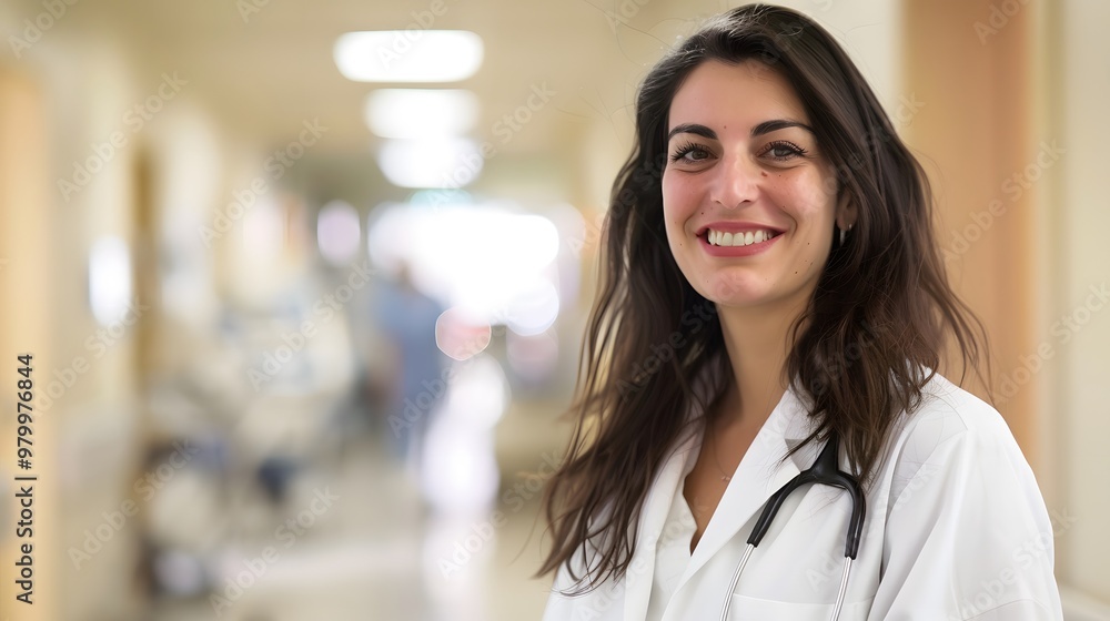 Fototapeta premium Portrait of happy female doctor with dark hair