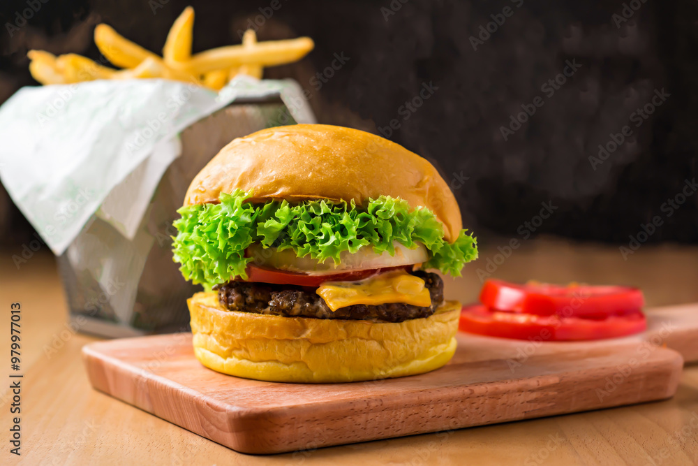 Classic Beef Cheeseburger with Lettuce, Tomato, Onion and Cheese isolated on wooden board with french fries basket side view of fastfood Classic Beef Cheeseburger with Lettuce, Tomato, Onion and Cheese isolated on wooden board with french fries basket side view of fastfood