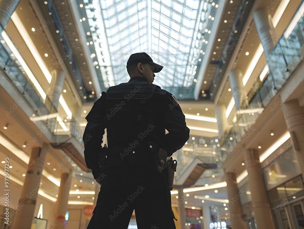 A security guard in a black uniform stands alert at the entrance of a bustling shopping mall. A security guard in a black uniform stands alert at the entrance of a bustling shopping mall.