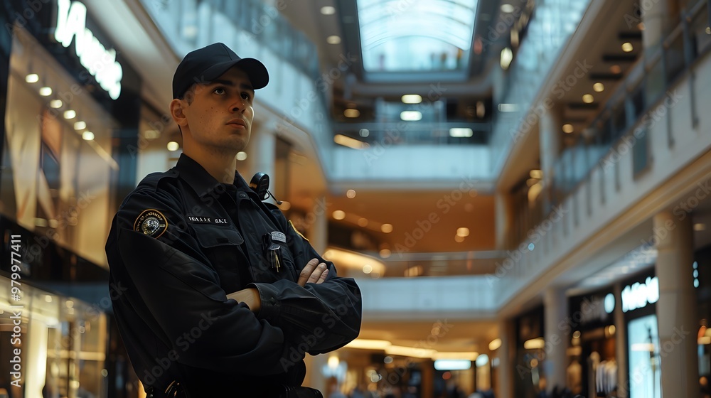 A security guard in a black uniform stands alert at the entrance of a bustling shopping mall. A security guard in a black uniform stands alert at the entrance of a bustling shopping mall.