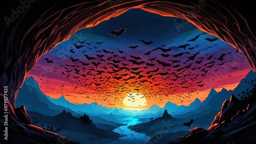 A dramatic sunset scene with a sky full of silhouetted bats flying over rugged mountains, creating a mystical and eerie atmosphere as the sun sets on the horizon.