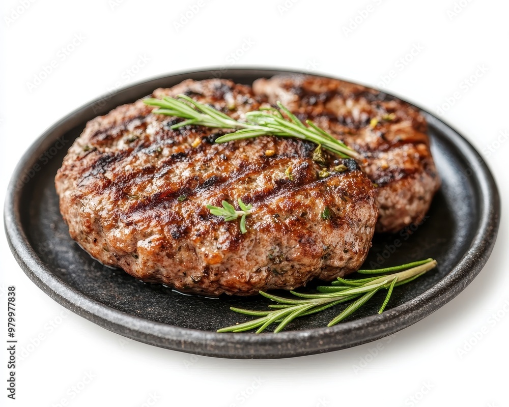 Grilled beef patty with herbs and spices on white background Grilled beef patty with herbs and spices on white background