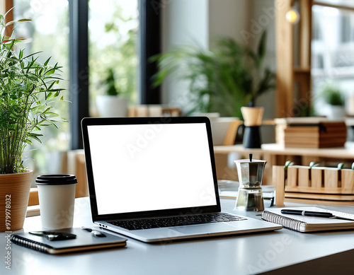 Wallpaper Mural A cozy workspace in a bright café featuring a laptop, coffee cup, and plants during a sunny afternoon, promoting productivity and relaxation. Generative AI Torontodigital.ca