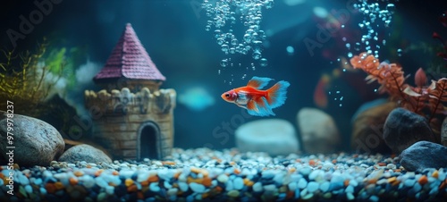 A vacant fish tank, with a few bubbles rising and a decorative castle photo