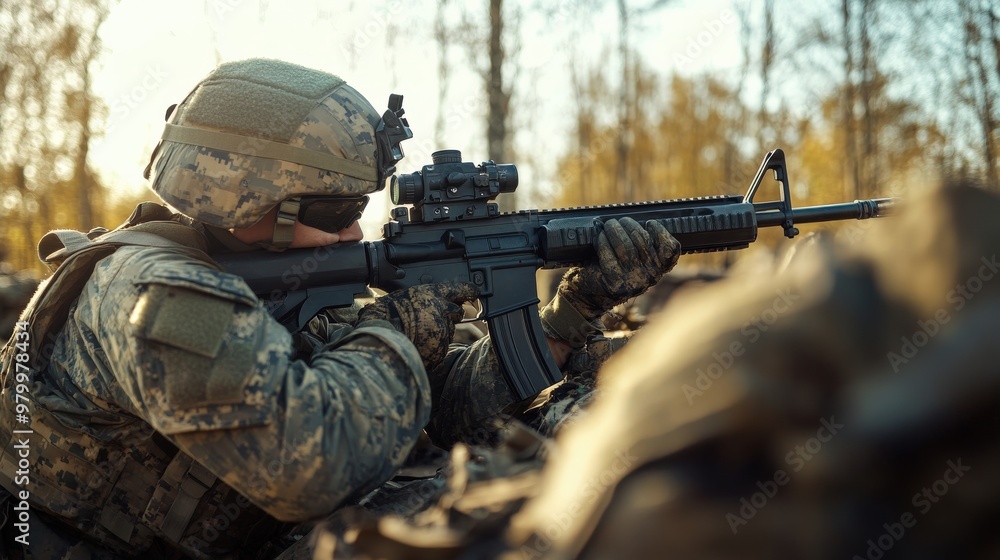 A military engineer is actively setting up defensive positions, focused on his task amidst a wooded environment during the twilight hours A military engineer is actively setting up defensive positions, focused on his task amidst a wooded environment during the twilight hours