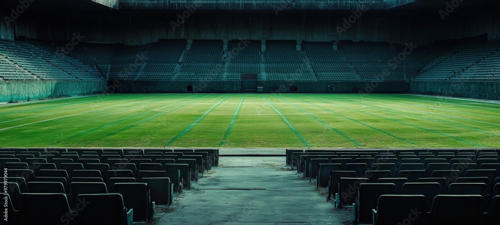 Obraz premium An abandoned sports stadium, with empty seats, a pristine field
