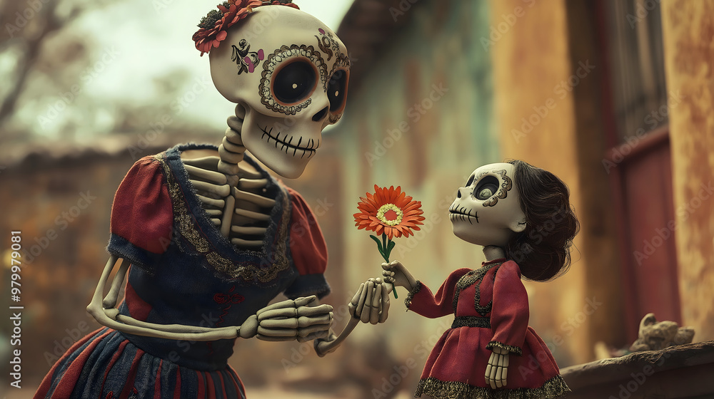Figure of a skeleton girl in traditional Mexican catrina attire giving a flower to another skeleton woman in a traditional Mexican village on the day of the dead Figure of a skeleton girl in traditional Mexican catrina attire giving a flower to another skeleton woman in a traditional Mexican village on the day of the dead